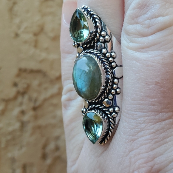 New Labradorite & Tsavorite 925 Silver Statement Ring. - Picture 7 of 16